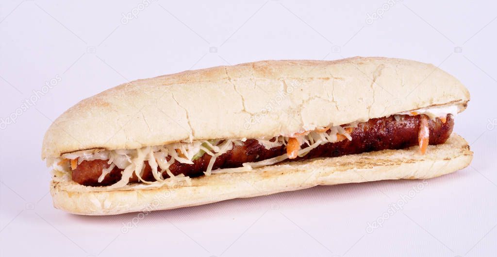 sandwich with sausage on a white background.