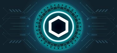 Şifreli para birimi temalı zincirli para sembolü. Zincir bağı veya LINK simgesi için modern neon renk pankartı. Engelleme teknolojisi, dijital defi yeniliği veya takas konsepti.