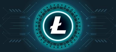 Litecoin logosu ve kripto para birimi temalı daire arka plan tasarımı. Lite coin veya LTC simgesi için modern neon renkli pankart. Kripto para birimi Engelleme teknolojisi, dijital yenilik ve takas kavramı