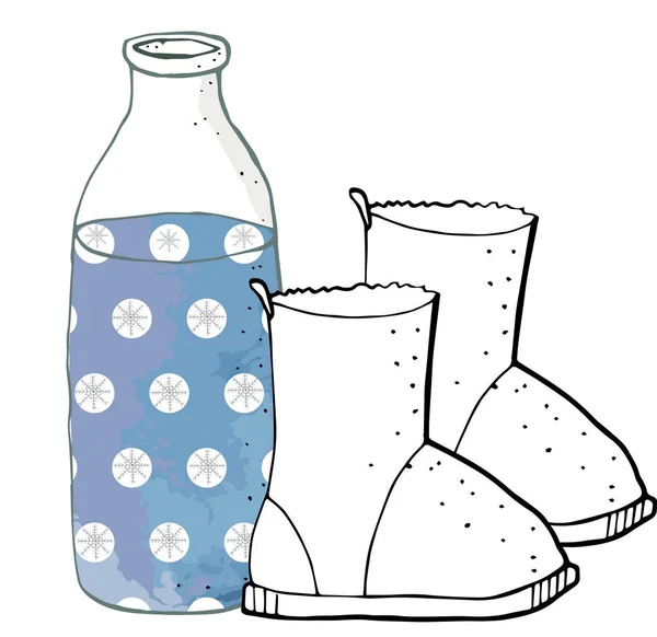 Vector Ilustración Botella Con Nieve Copos Nieve Warm Boots Watercolor — Archivo Imágenes Vectoriales