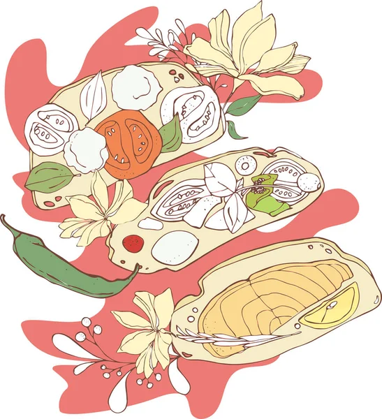 Print Vector Ilustração Sanduíches Com Queijo Tomate Peixe Pimenta Limão —  Vetores de Stock