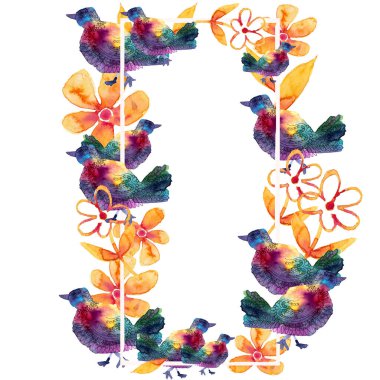 Suluboya çiçeklerin ve parlak sıradışı kuşların resim çerçevesi.