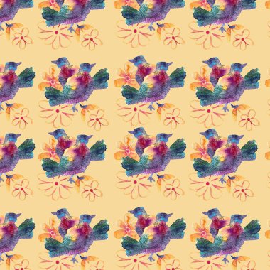 Sıcacık bir çiçekli arka planda iki parlak sıradışı kuşun kusursuz deseni suluboya çizimi