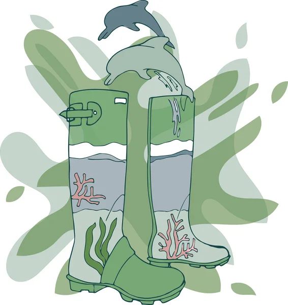 藻やサンゴのあるブーツからのプリントベクトルイラスト 2匹のイルカが緑のスポットで飛び出します — ストックベクタ