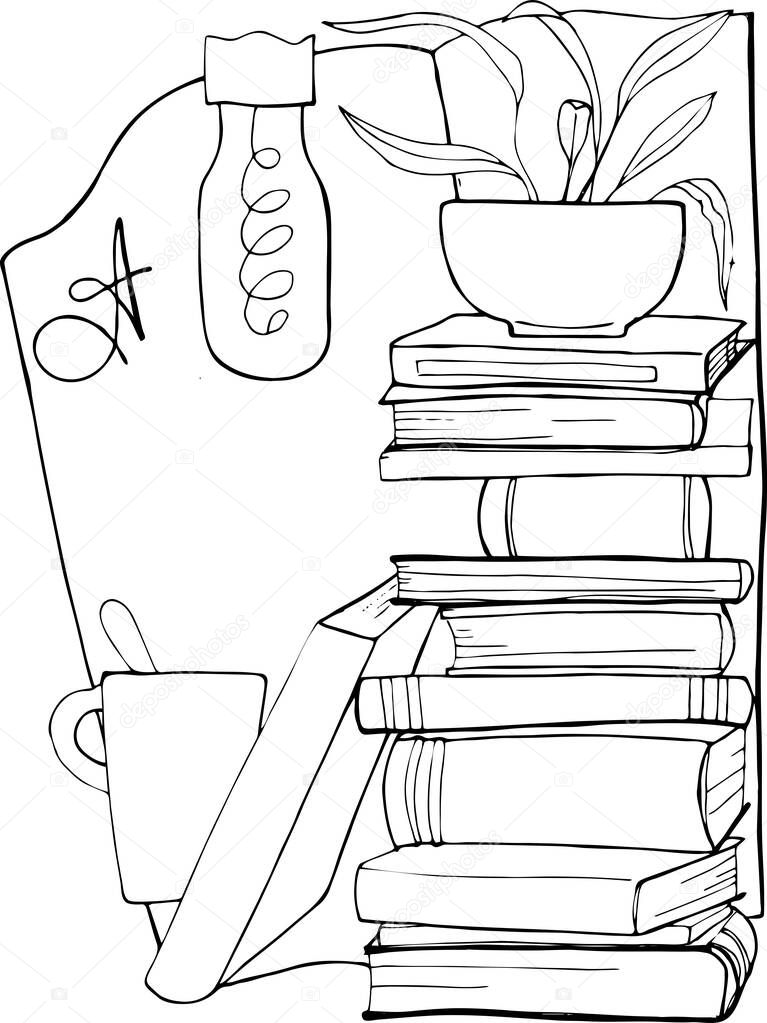 VECTOR ILLUSTRATION A STACK OF SMART,NEEDED BOOKS,A CUP OF COFFEE,A FLOWER,DOODLE