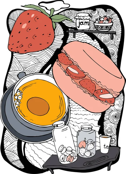 Vektör illüstrasyon kurabiyesi çilekli, mavi çay fincanı, rafta kavanozlar.