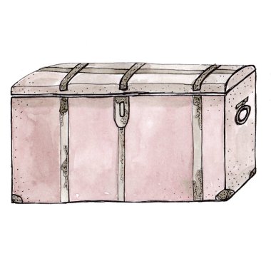 suluboya illüstrasyon eski retro sandık depolama şeyler, kayışlar ve beyaz arka plan kilitli