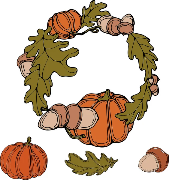 Vector Ilustración Otoño Conjunto Calabaza Roja Hoja Roble Verde Bellota — Archivo Imágenes Vectoriales