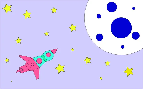 子どもの描画色ロケットはえ類のスペースでクレーターと地球スタイルのベクトル図 — ストックベクタ