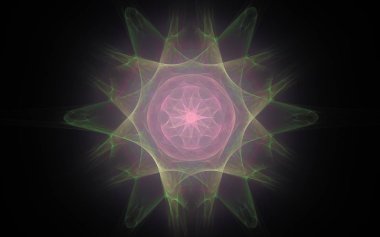 yeşil renk on iki ışınları ile geometrik bir şekil ve pembe bir yıldız orta siyah bir arka plan çizimi işlemek.