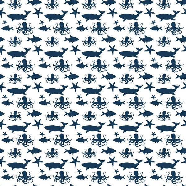 Vector Illustratie Achtergrondafbeelding Uit Silhouetten Van Oceaan Zoogdieren Octopussen Blauwe — Stockvector