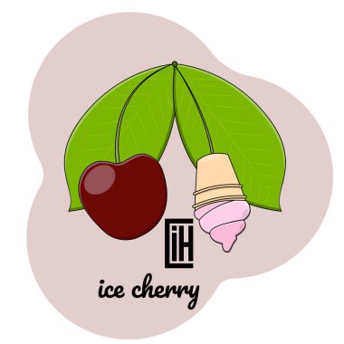 illüstrasyon kiraz dondurma bir fincan bir tutamacı ve yapraklarda buz iş kullanımı ve ambalaj tasarımı için kiraz logosu ile pembe bir arka plan ile vektör