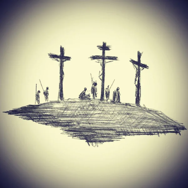 siyah vinyet ile bej arka plan üzerinde Calvary üzerinde dini bir tema çarmıha gerilmiş İsa'nın siyah kalem vuruş çizim fotoğraf illüstrasyon