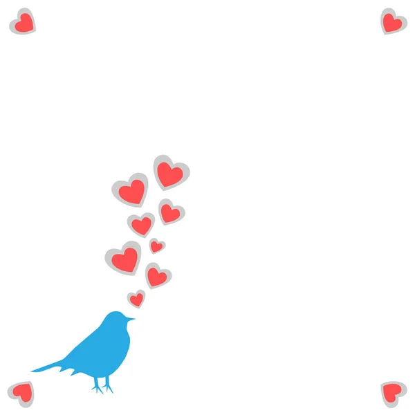 Illustration ett vårkort med en silhuett av en fågel av blå färg med tagande-off hjärtan från en näbb på en vit bakgrund med hjärtan på hörn för ett gratulation med 8 mars eller St. valen — Stockfoto