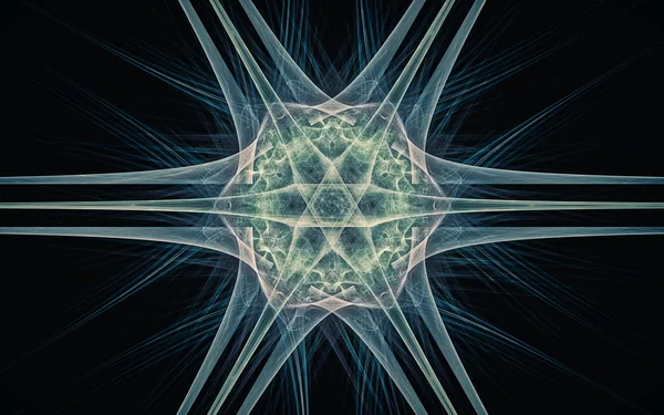Abbildung eines abstrakten Symbols auf schwarzem Hintergrund in Form eines Sterns mit sechs Strahlen, bestehend aus Linien und einer Figur mit einer Blume in der Mitte auf dem Hintergrund des Musters — Stockfoto