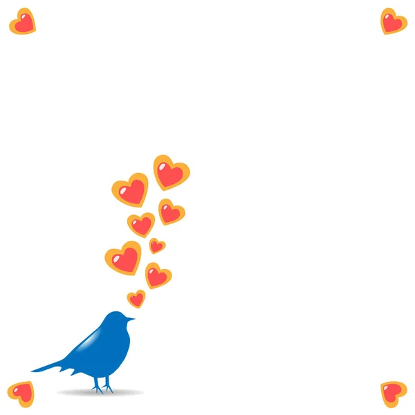 Ilustración una tarjeta de primavera con una silueta de un pájaro de color azul con los corazones de despegue de un pico sobre un fondo blanco con corazones en las esquinas para una felicitación con 8 de marzo o St. Valen —  Fotos de Stock