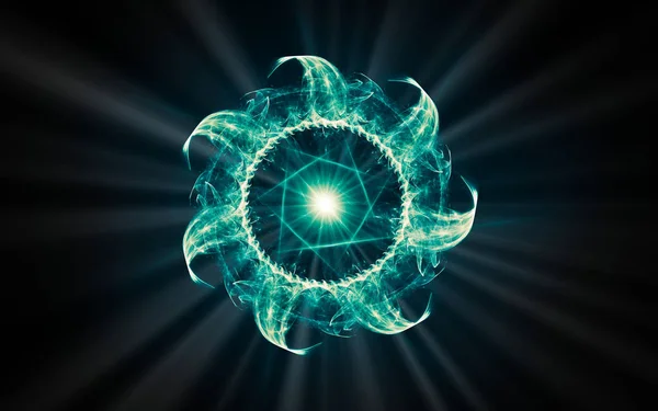 Абстрактное фоновое изображение космического цветочного символа с круглой серединой и ярко-голубой звездой в центре с лучами вокруг на черном фоне — стоковое фото