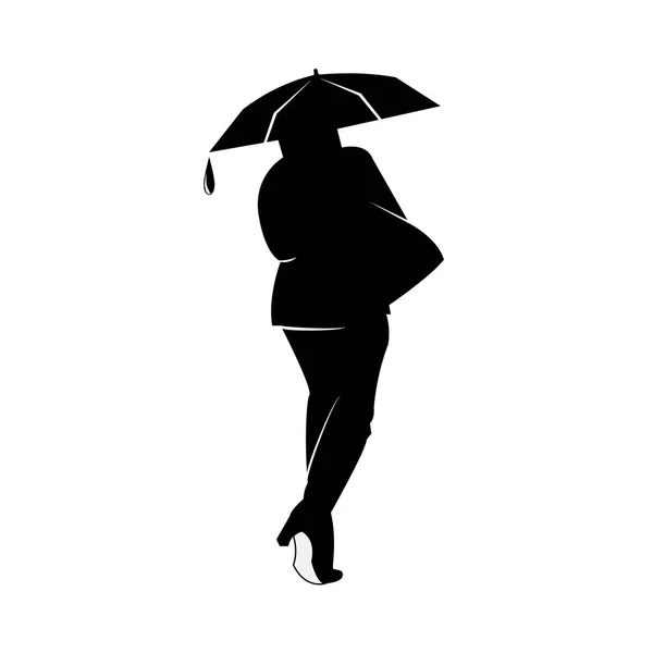 Illust una silueta en blanco y negro de la muchacha de espaldas sobre un fondo blanco con la gota de una lluvia que cae del borde de un paraguas —  Fotos de Stock