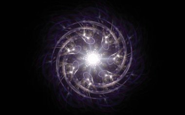 Beyaz ışınları ve siyah bir arka plan üzerinde leylak renk spiral katlanmış dönen bir fantastik yıldızın soyut arka plan görüntüsü.