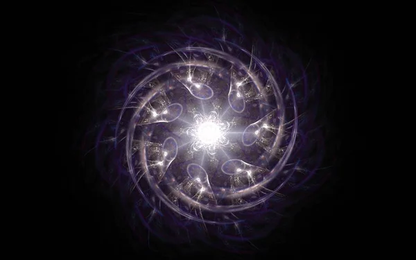 Abstraktes Hintergrundbild eines rotierenden fantastischen Sterns mit weißen Strahlen und spiralförmigen Wendungen lilafarbener Farbe auf schwarzem Hintergrund. — Stockfoto