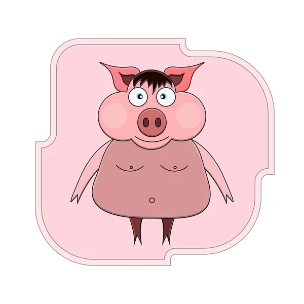 illustration of a cartoon pig on its hind legs with bangs, blue eyes and bare breasts and navel against the background of a pink geometric figure