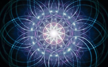 Siyah arka planda farklı renklerde çeşitli geometrik şekillerden oluşan taç yaprakları olan soyut, fantastik bir çiçek.