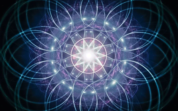 Siyah arka planda farklı renklerde çeşitli geometrik şekillerden oluşan taç yaprakları olan soyut, fantastik bir çiçek.