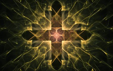 Siyah arka planda farklı renklerde çeşitli geometrik şekillerden oluşan taç yaprakları olan soyut, fantastik bir çiçek..