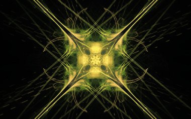 Siyah zemin üzerinde birçok ışınlar bulunan fantastik bir yıldızın soyut çizimi.