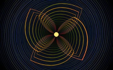 Siyah arka planda farklı renklerde çeşitli geometrik şekillerden oluşan taç yaprakları olan soyut, fantastik bir çiçek..