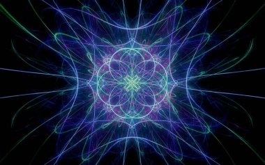 Siyah arka planda farklı renklerde çeşitli geometrik şekillerden oluşan taç yaprakları olan soyut, fantastik bir çiçek..