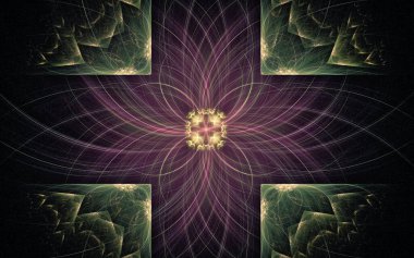 Siyah arka planda farklı renklerde çeşitli geometrik şekillerden oluşan taç yaprakları olan soyut, fantastik bir çiçek..