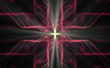 Siyah zemin üzerinde birçok ışınlar bulunan fantastik bir yıldızın soyut çizimi.