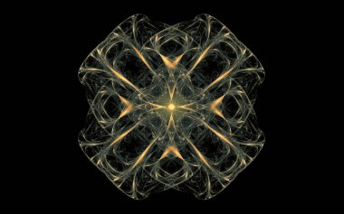 Siyah arka planda farklı renklerde çeşitli geometrik şekillerden oluşan taç yaprakları olan soyut, fantastik bir çiçek..