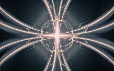Siyah zemin üzerinde birçok ışınlar bulunan fantastik bir yıldızın soyut çizimi.