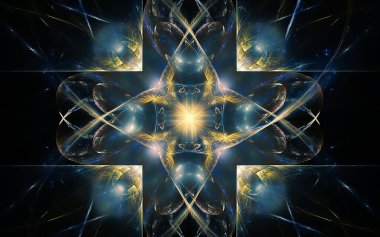 Siyah arka planda farklı renklerde çeşitli geometrik şekillerden oluşan taç yaprakları olan soyut, fantastik bir çiçek..