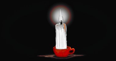 Kırmızı bir kasede parafin lekeleri ve koyu mavi arka planda alevin etrafında bir halenin olduğu dramatik bir mumun yağlı boya çizimi..