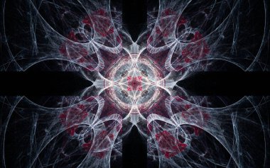 Siyah arka planda farklı renklerde çeşitli geometrik şekillerden oluşan taç yaprakları olan soyut, fantastik bir çiçek..