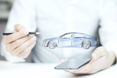 Businessman with phone and car icon above  clipart