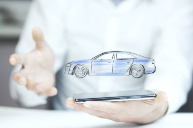 İşadamı ile telefon ve araba simgesi üzerinde 