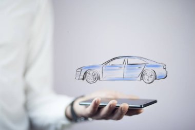 İşadamı el telefon ve araba simgesi olan 