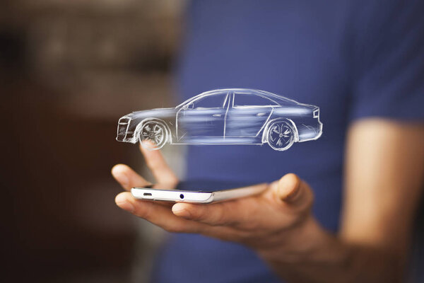 Бизнесмен с иконкой телефона и автомобиля
 