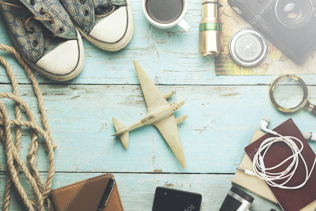 traveler's objects  on wooden background and copy space, Travel concept
