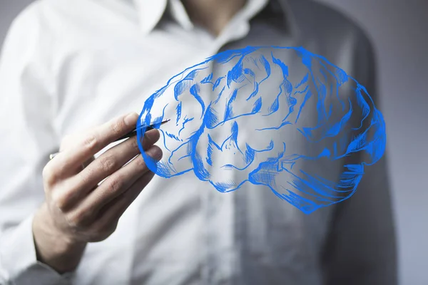 Primer Plano Mano Del Empresario Dibujando Cerebro — Foto de Stock