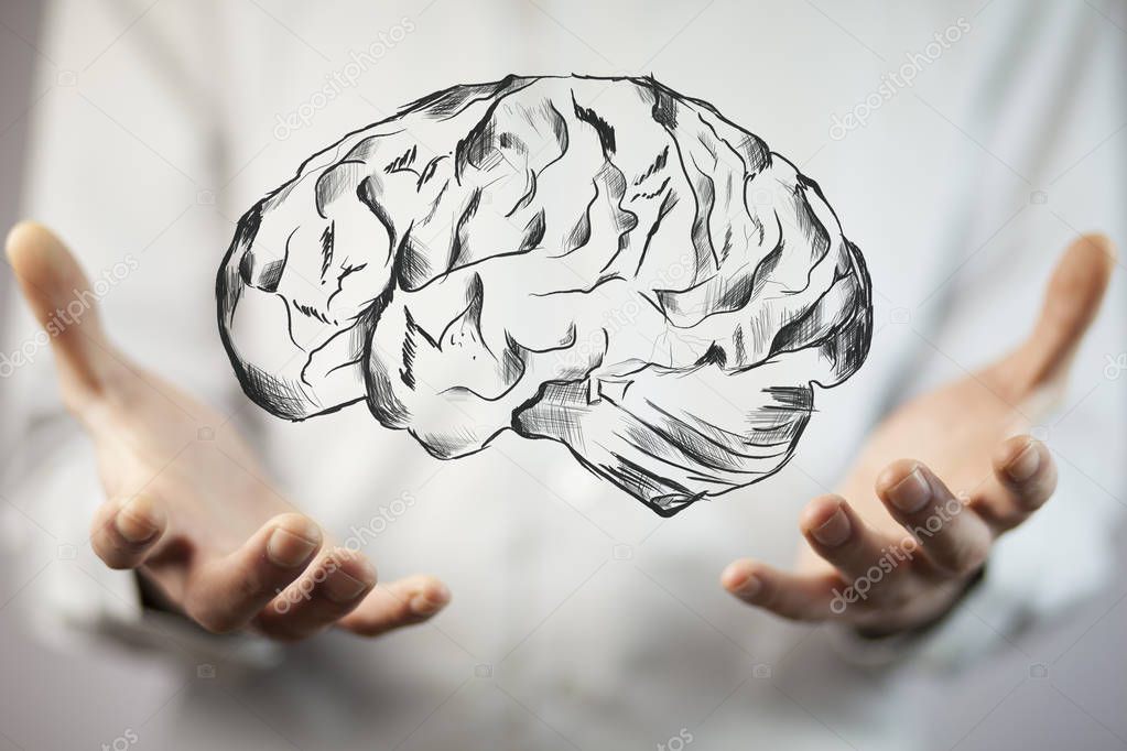 Close up of businessman's hands with brain