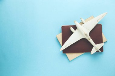  Pasaport ve uçak mavi zemin üzerine