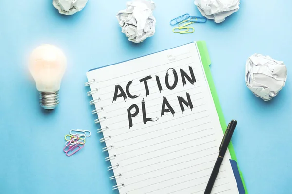 Action Plan Text Papper Blå Bord — Stockfoto