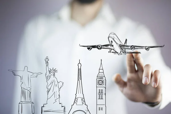 Üzletember Megható Airplane Utazás Világ Minden Tájáról — Stock Fotó