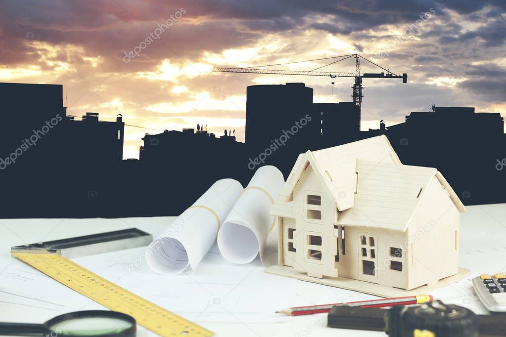 engineer working table plan, home model and writing tool equipment