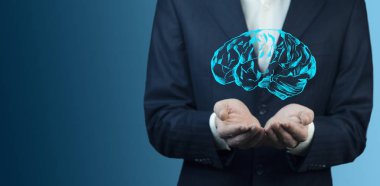 İş adamı Palm 'da beynin dijital görüntüsünü tutuyor